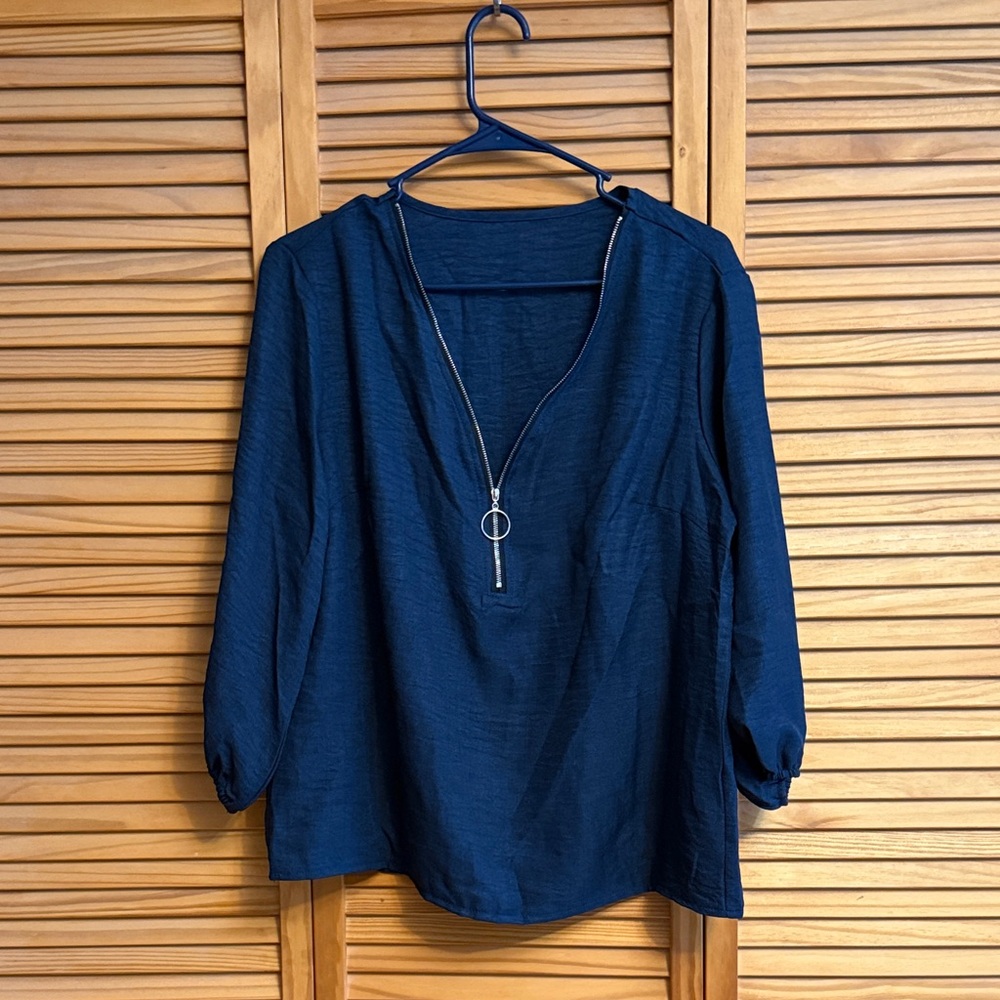 SHEIN Deep Blue Blouse with Zipper Accent